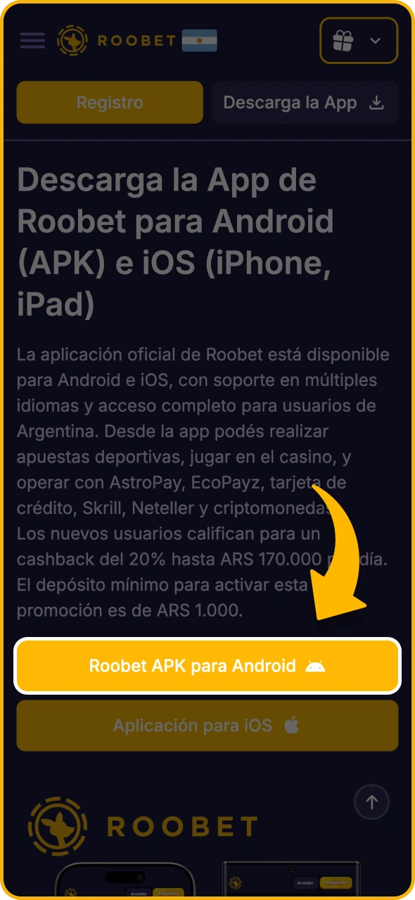Toca el botón para descargar el APK de Roobet desde esta página.