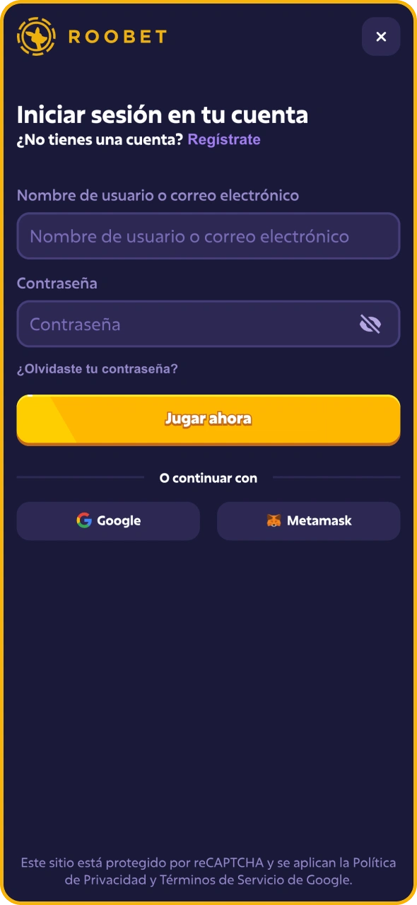 Inicia sesión con tu cuenta existente en Roobet para empezar a apostar.