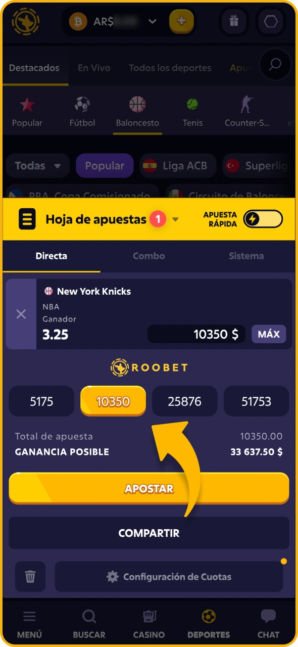 Introduce el monto de la apuesta en el boleto de apuestas de Roobet.