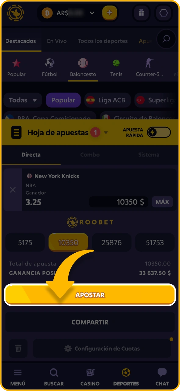 Toca el botón en Roobet para confirmar tu apuesta.
