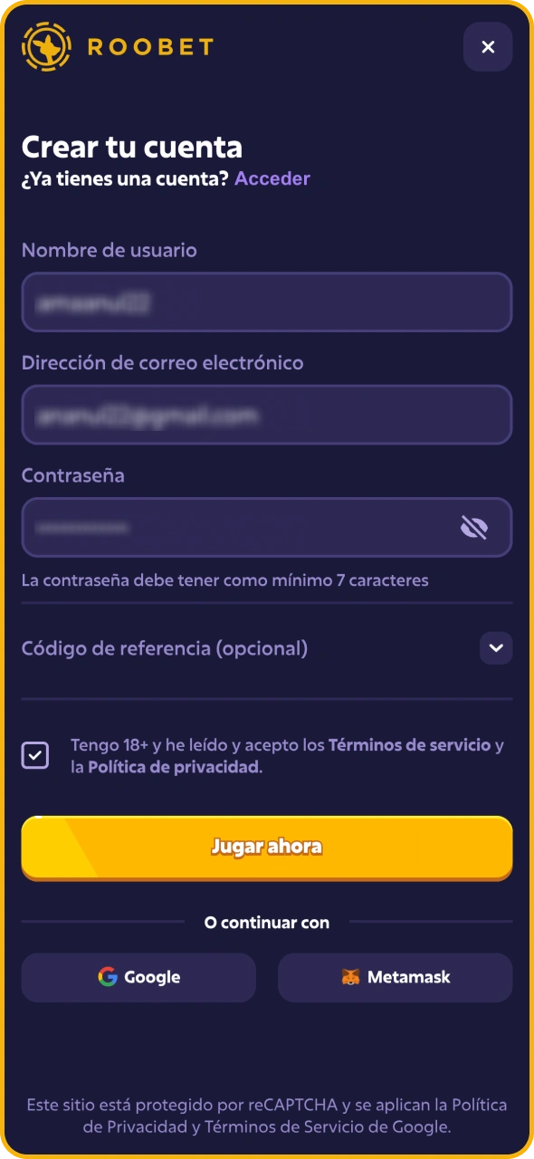 Completa el registro en Roobet con tus datos.