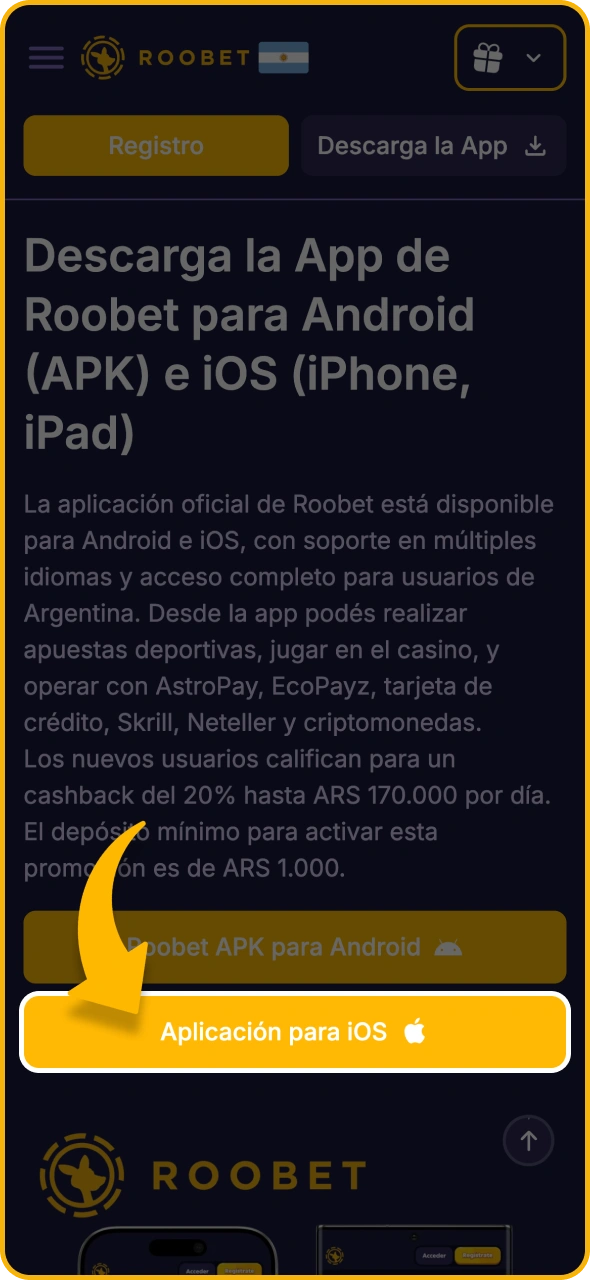 Presiona el botón en Roobet para iniciar la instalación de la aplicación.