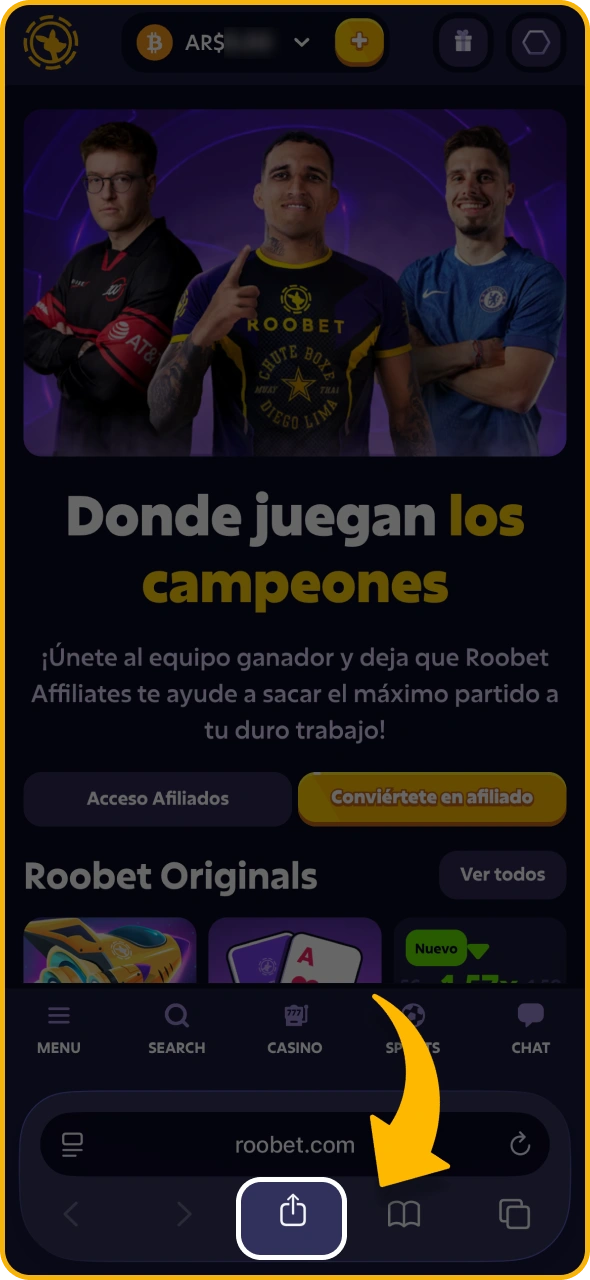 Instale la aplicación web Roobet a través del navegador Safari.