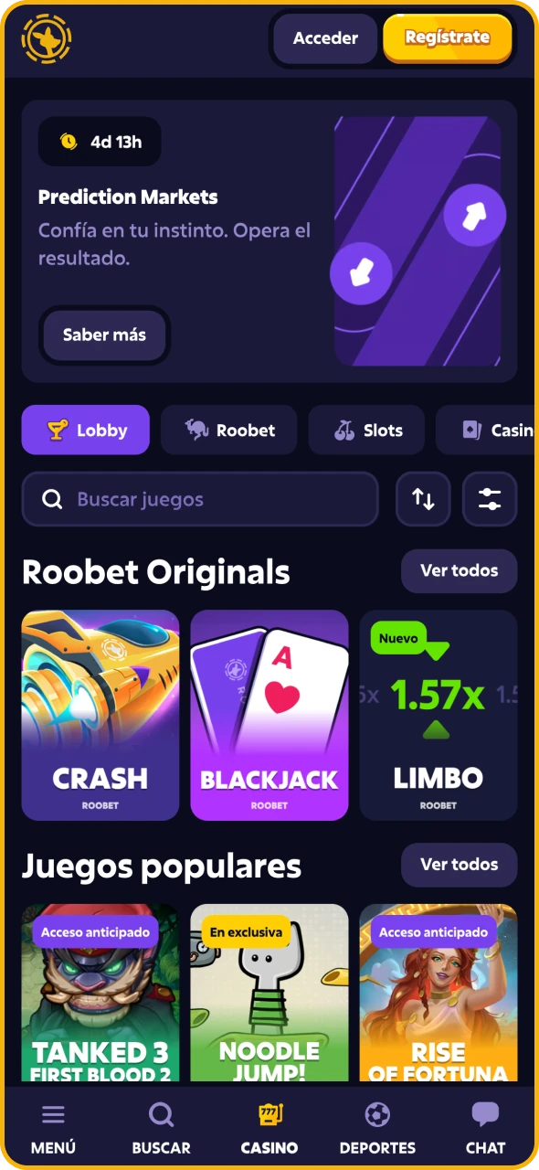 Juega a juegos de casino directamente desde la aplicación de Roobet.