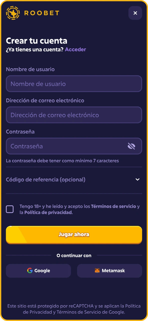 Puedes registrar tu cuenta en la aplicación de Roobet.