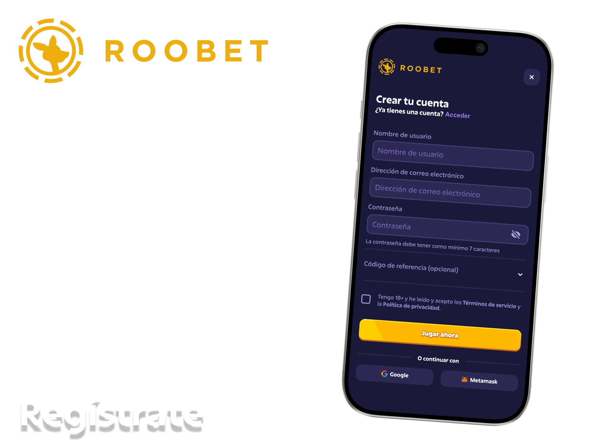 Crea tu cuenta en la aplicación de Roobet y empieza a jugar.