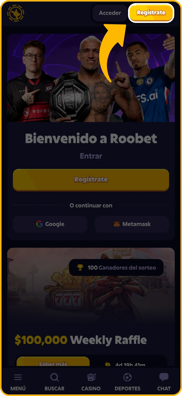 Ve a la página de Roobet y haz clic en el botón de registro.