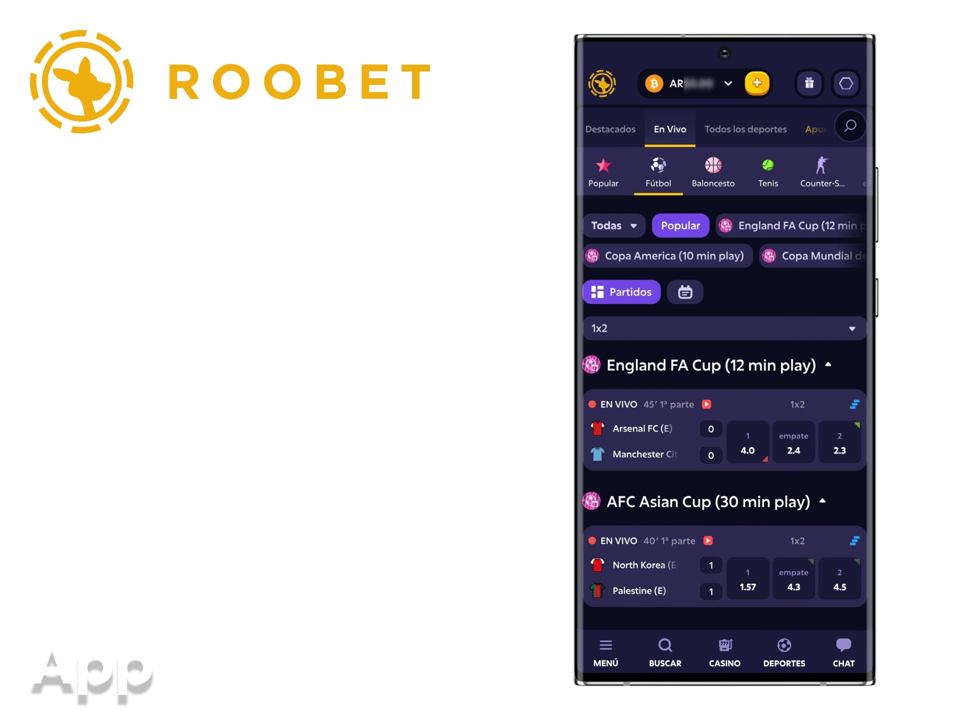 Apuesta en partidos de fútbol directamente desde tu móvil con la app de Roobet.