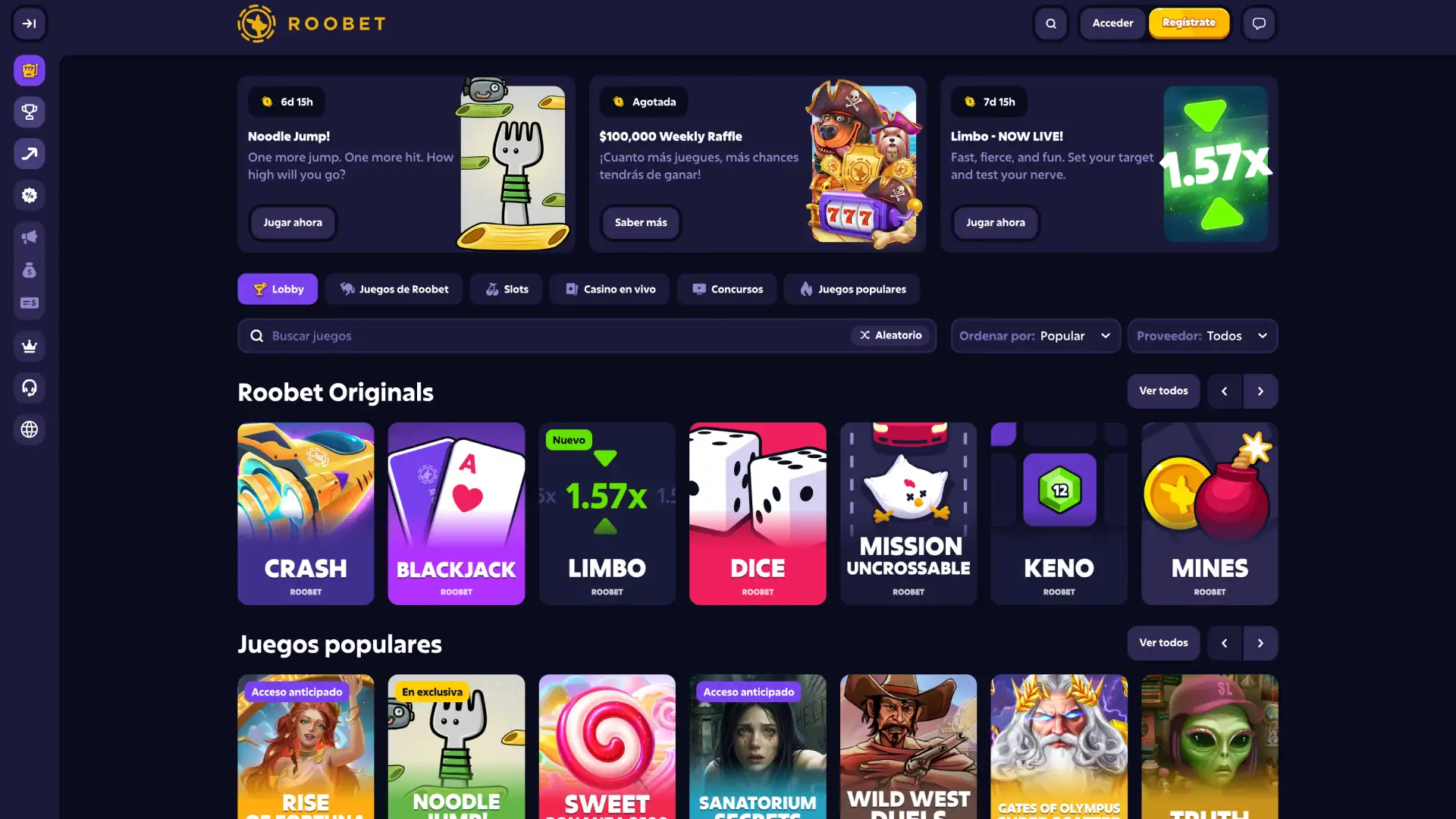 Explora la sección de casino de la plataforma Roobet.