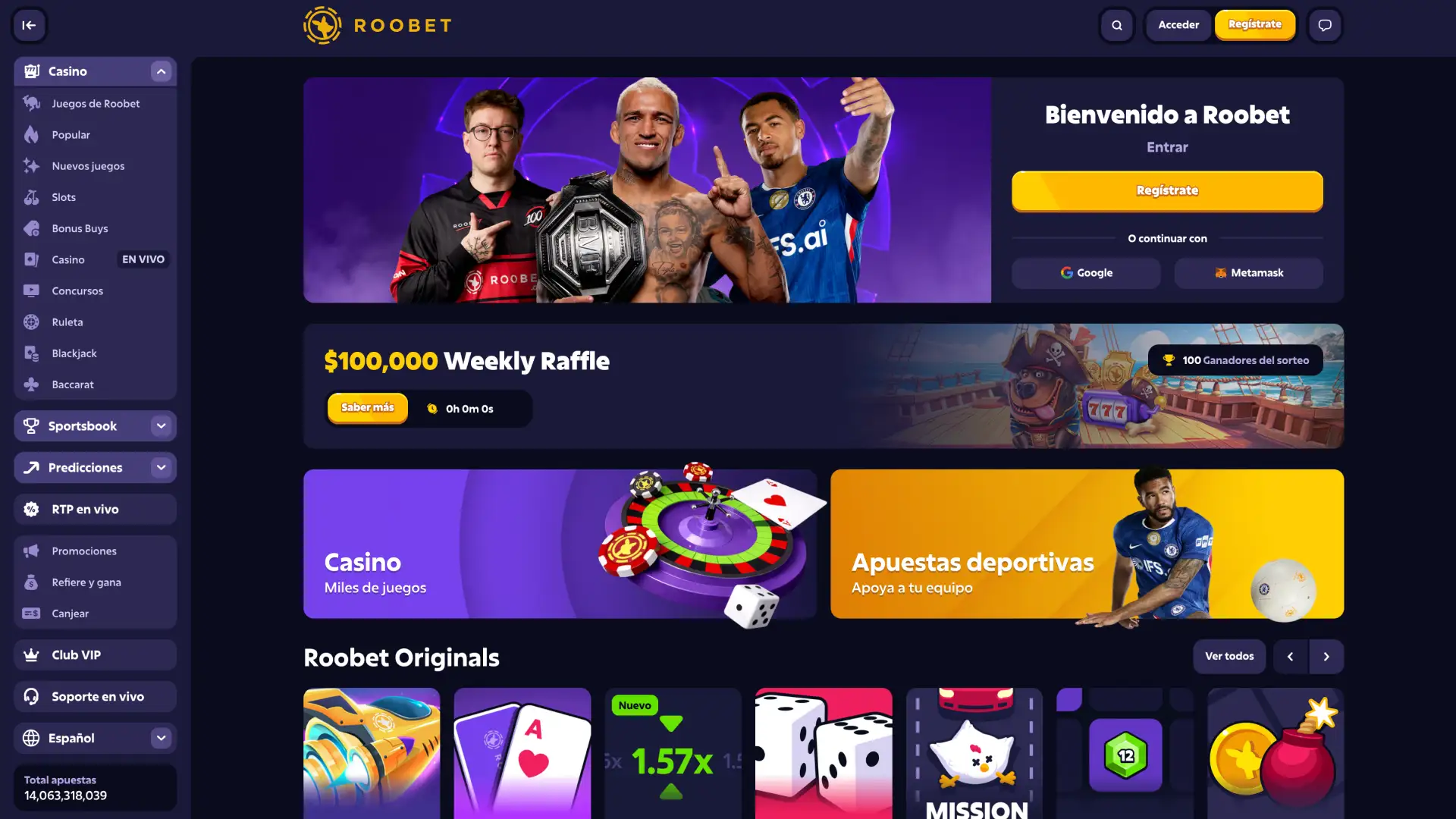 Visita la página principal de la plataforma del casino Roobet.