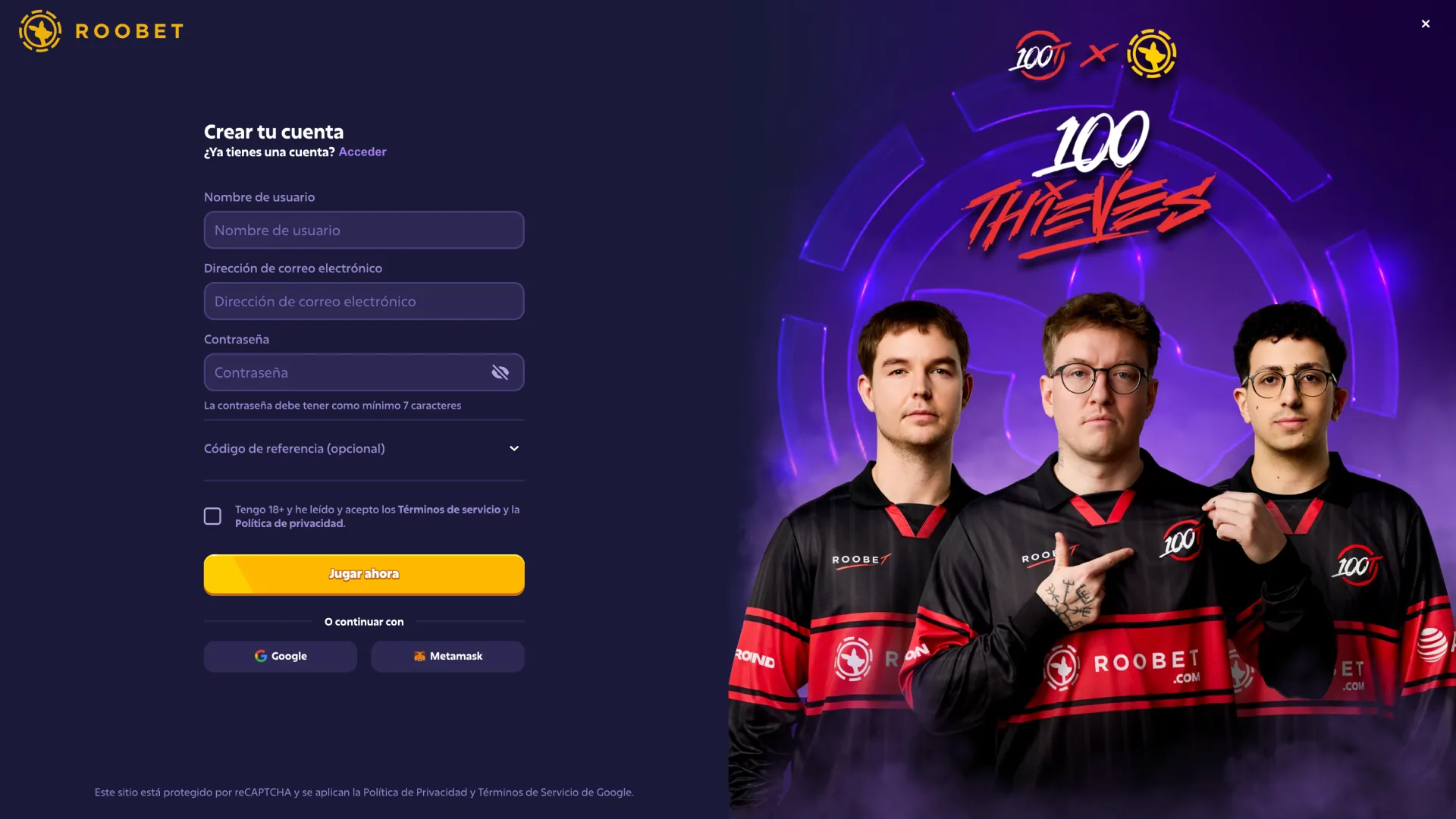 Inicia el proceso de registro en el sitio web de Roobet.