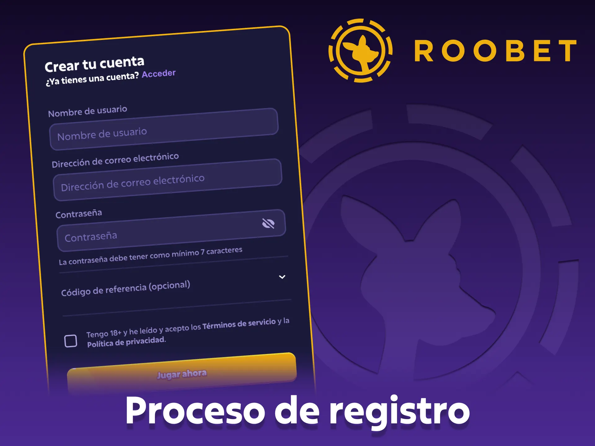 Rellena el formulario de registro de Roobet y obtén beneficios.