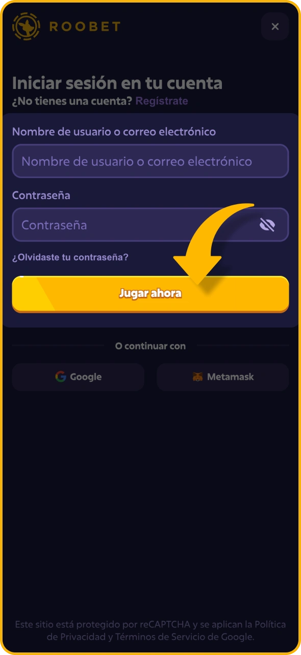 Introduce tus credenciales en la sección de inicio de sesión de Roobet.