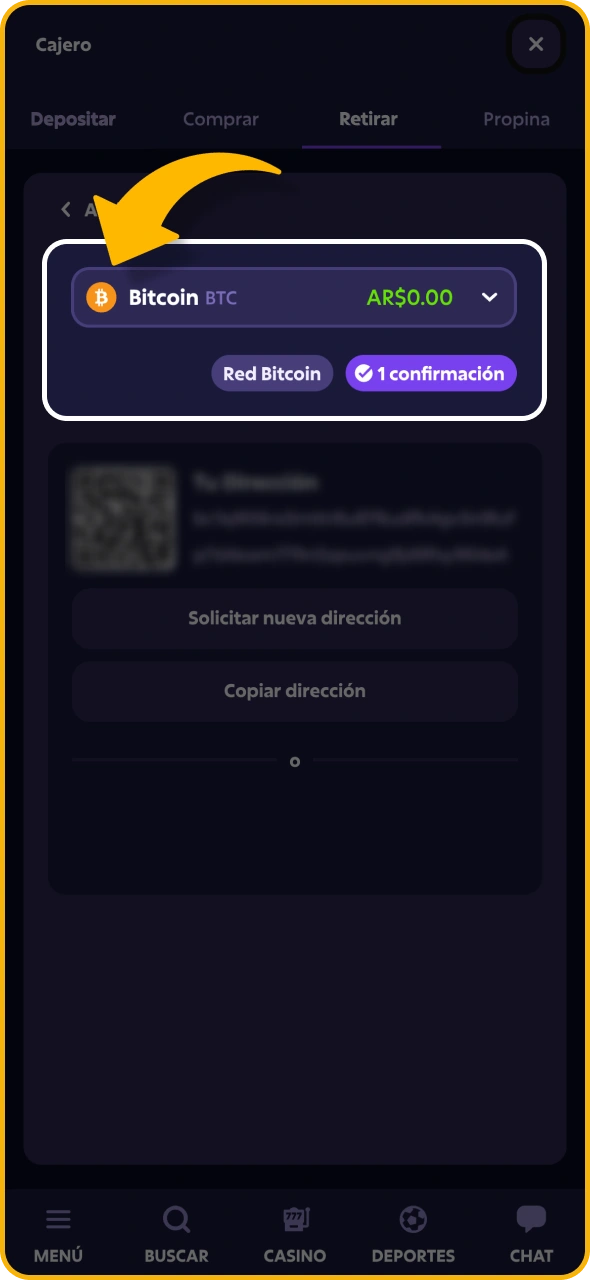 Elige el método con el que deseas retirar tus ganancias de Roobet.