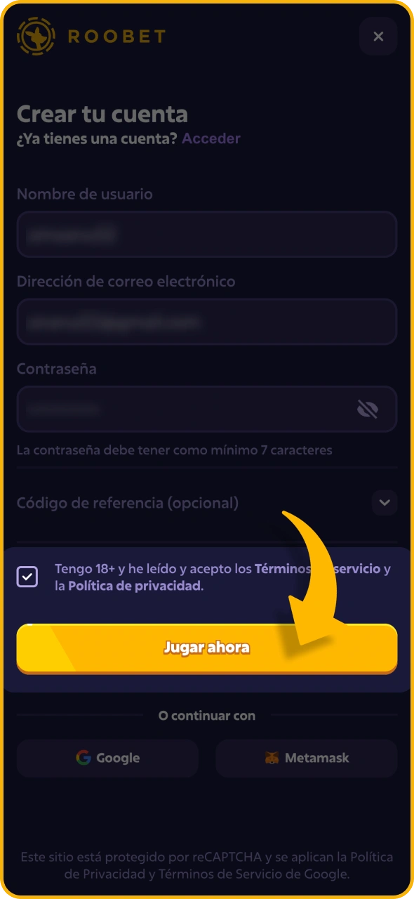 Acepta los términos y condiciones y activa tu perfil de Roobet.