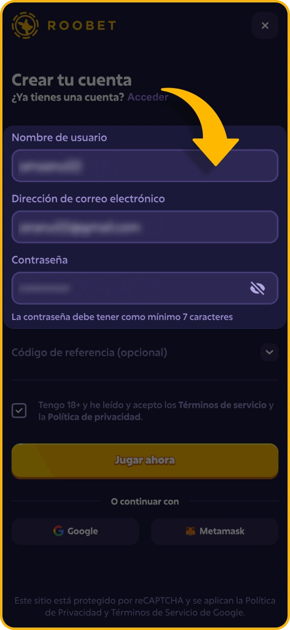Rellena el formulario de Roobet con tu información personal.