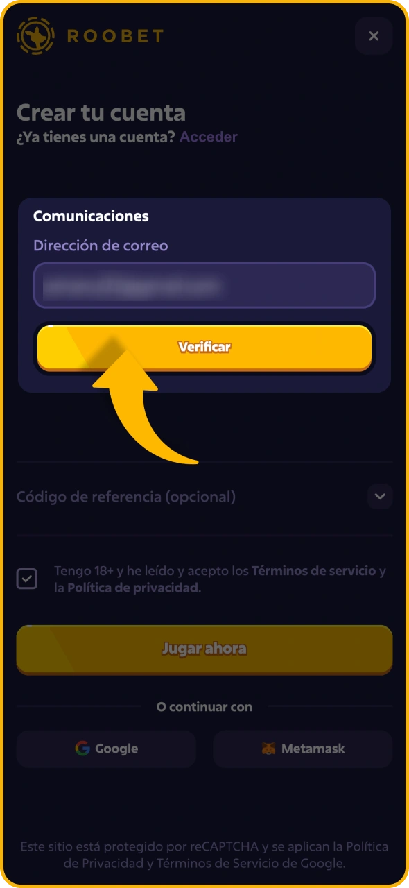 Verifica tu dirección de correo electrónico haciendo clic en el enlace de Roobet.