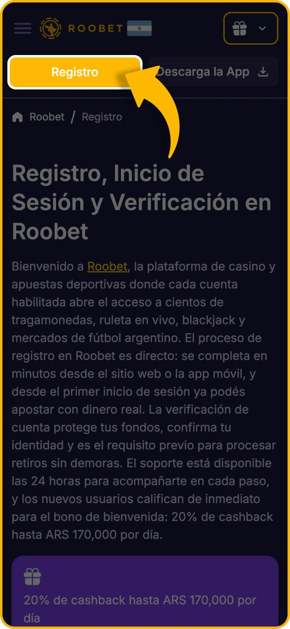 Haz clic en el botón de registro ubicado en la página de Roobet.