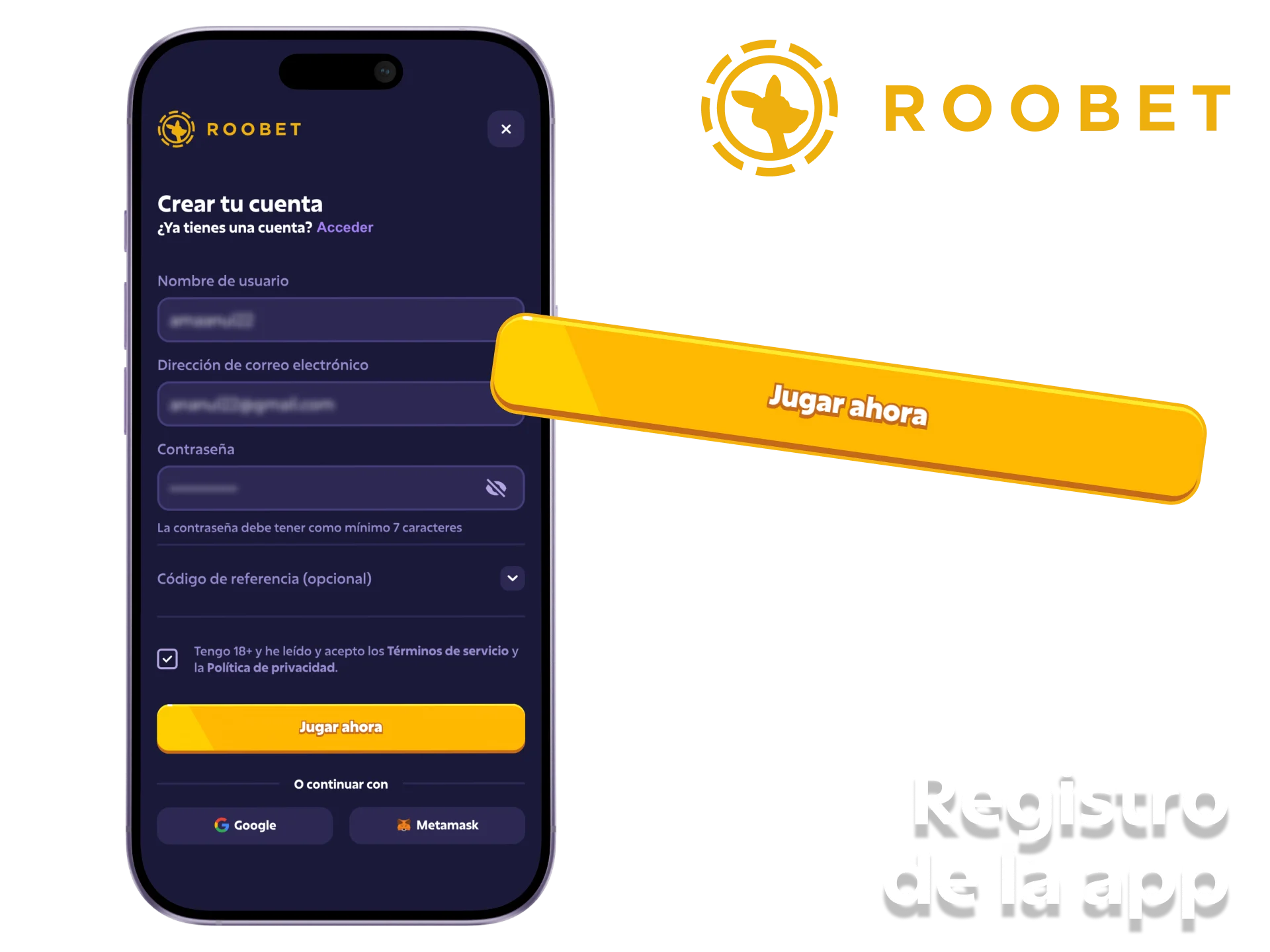 Puedes registrar tu cuenta utilizando la aplicación móvil de Roobet.