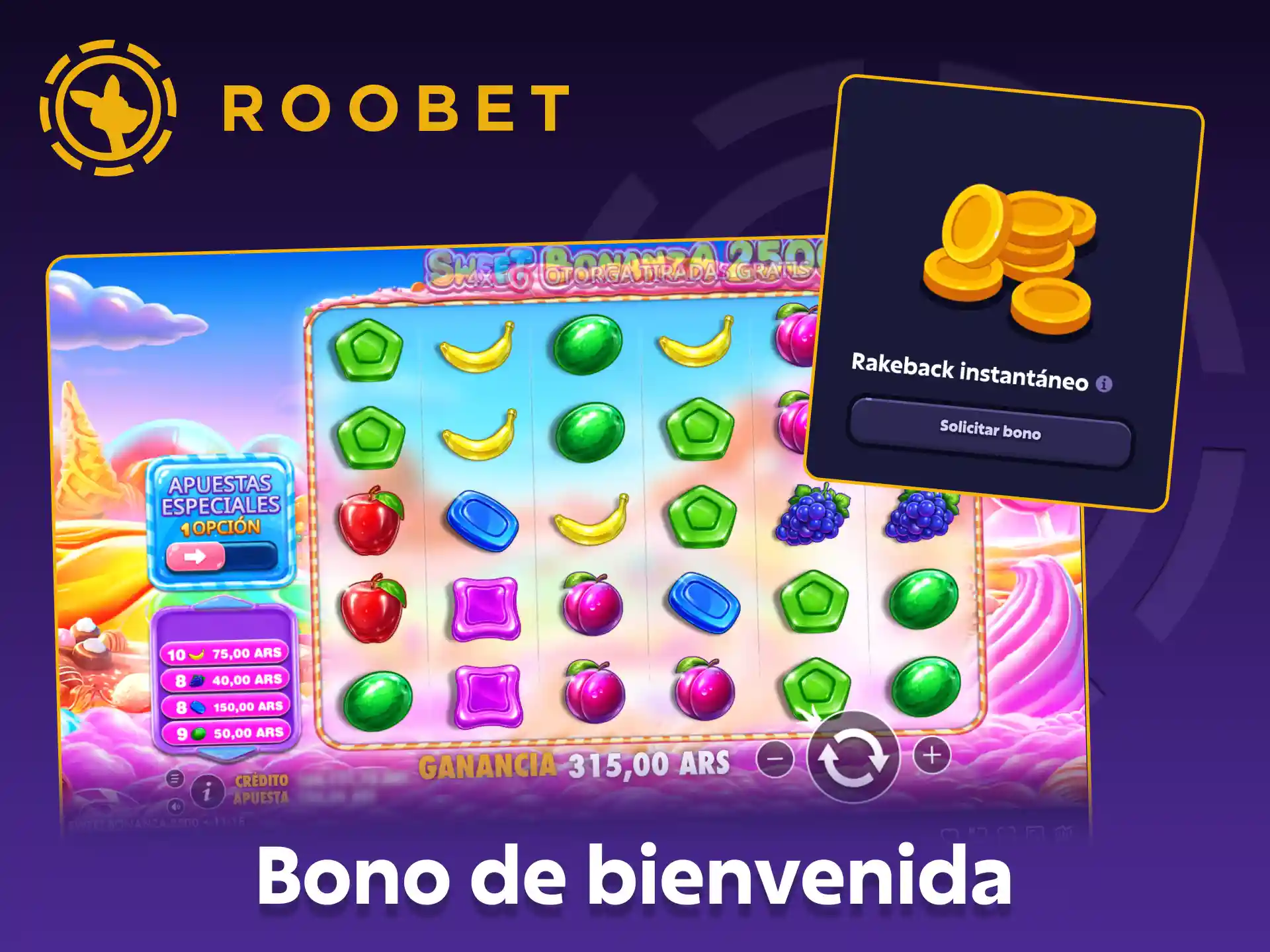 Roobet te ofrece un bono de bienvenida para el juego Sweet Bonanza 2500.