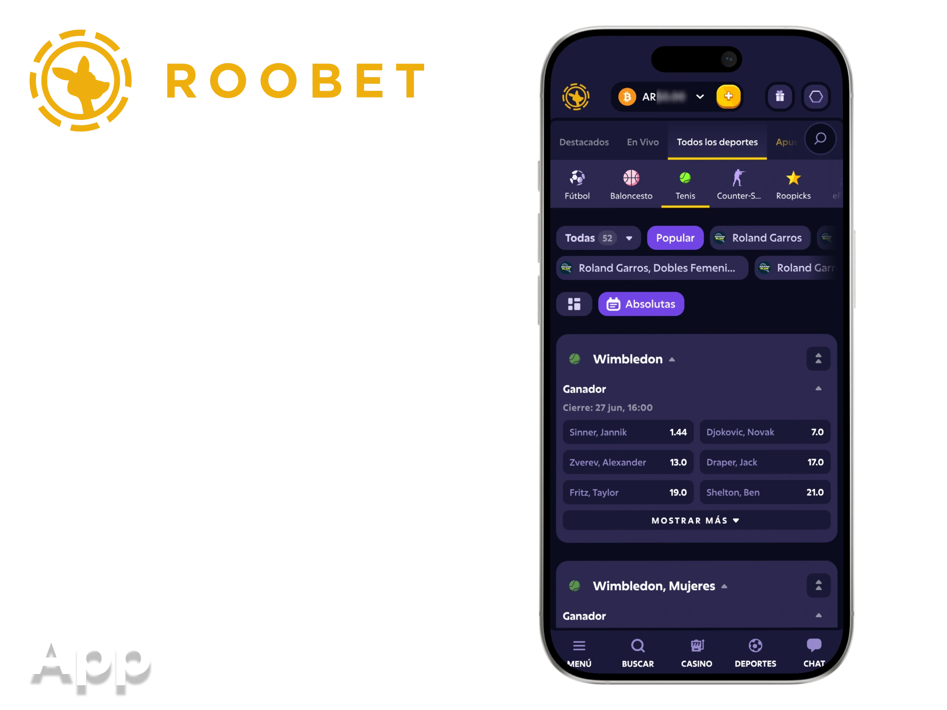 Instala la aplicación de tenis de Roobet en tu dispositivo para realizar apuestas al instante.